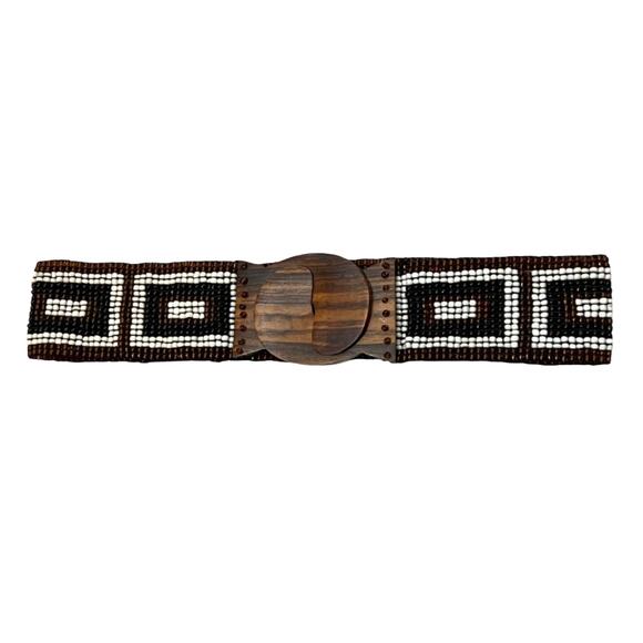 VINTAGE - Unique Belt - Wood Buckle And Beaded Geometric Design Stretchy ML - Picture 1 of 2